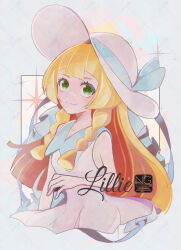 1girl blonde_hair braid character_name closed_mouth commentary creatures_(company) dress eyelashes game_freak green_eyes hat highres lillie_(pokemon) long_hair meme_(artist) nintendo pokemon pokemon_sm sleeveless sleeveless_dress smile solo symbol-only_commentary twin_braids upper_body white_dress white_hat