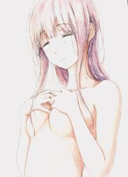 Rule 34 | 1girl, absurdres, bbmasa, breasts, closed eyes, closed mouth, collarbone, covering breasts, covering privates, gradient background, grey background, hands on own chest, hibike! euphonium, highres, liz to aoi tori, long hair, medium breasts, nude, purple hair, solo, traditional media, upper body, yoroizuka mizore