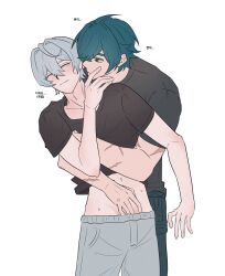 2boys arm_up black_pants black_shirt closed_eyes clothes_lift commentary crew_neck green_hair grey_pants hair_behind_ear hair_between_eyes hair_over_one_eye highres hug lighter_(zenless_zone_zero) lighterwise3 looking_at_another male_focus midriff multiple_boys multiple_scars one_eye_covered pants scar scar_on_arm shirt shirt_lift short_sleeves simple_background white_background wise_(zenless_zone_zero) yaoi zenless_zone_zero