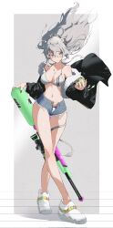 1girl absurdres animal_ears bikini breasts cutoff_jeans cutoffs grey_hair highres hololive jacket long_hair menomeno_draw nail_polish open_clothes open_jacket shishiro_botan shorts simple_background solo string_bikini swimsuit tail virtual_youtuber water_balloon water_gun