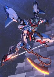 absurdres axe commentary full_body glowing glowing_eyes gquuuuuux green_eyes gundam gundam_gquuuuuux heat_hawk highres holding holding_axe holding_weapon ka_ki_o looking_at_viewer mecha mecha_focus mobile_suit no_humans robot science_fiction solo space space_habitat star_(sky) v-fin weapon