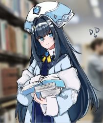 1girl blue_eyes blue_hair blurry blurry_background book chinese_commentary expressionless fur_trim hairband head_tilt holding holding_book hololive hololive_china librarian library looking_at_viewer open_book photo_background rosalyn_(hololive) sketch solo virtual_youtuber white_hairband yami_usagi