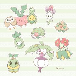 bellossom black_eyes blush blush_stickers bright_pupils budew colored_sclera creatures_(company) game_freak gen_2_pokemon gen_3_pokemon gen_4_pokemon gen_5_pokemon gen_7_pokemon green_eyes highres hoppip legendary_pokemon morelull mythical_pokemon nintendo no_humans one_eye_closed open_mouth petilil pink_eyes pokemon pokemon_(creature) rio_(rio0v0o) rowlet shaymin shaymin_(land) shroomish smile steenee turtwig twitter_username white_pupils yellow_eyes yellow_sclera