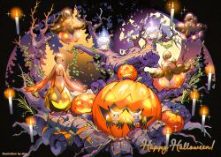 candle chromatic_aberration ekm floating_candle full_moon gen_5_pokemon gen_6_pokemon gen_7_pokemon gourgeist halloween happy_halloween jack-o&#039;-lantern leaf litwick mimikyu moon night nintendo no_humans pokemon pokemon_(creature) pumpkaboo pumpkin sparkle tree yellow_eyes