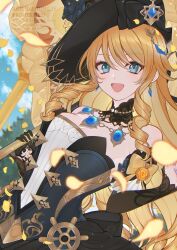 1girl :d absurdres amano_hotaru_(hotaama) bare_shoulders black_dress black_gloves black_hat blonde_hair blue_eyes blue_gemstone blue_nails breasts cleavage commentary detached_sleeves dress drill_hair fingernails gem genshin_impact gloves hand_up hat highres holding long_hair long_sleeves looking_at_viewer medium_breasts nail_polish navia_(genshin_impact) open_mouth ship&#039;s_wheel_ornament single_glove smile solo star_(symbol) star_in_eye strapless strapless_dress symbol_in_eye very_long_hair
