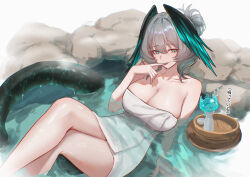 1girl absurdres aqua_eyes aqua_feathers aqua_nails aqua_wings arknights black_feathers black_wings blush breasts cleavage collarbone commentary crossed_legs english_commentary feathered_wings feathers film_grain finger_to_mouth grey_hair hair_between_eyes hand_up head_wings highres ho&#039;olheyak_(arknights) in_water large_breasts legs licking_own_finger looking_at_viewer naked_towel parted_lips short_hair sitting smile snake_girl snake_tail solo tail tongue tongue_out towel two-tone_feathers two-tone_wings uof very_long_tail water wings
