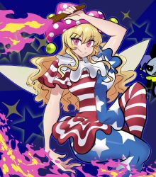 1boy 1girl aged_up american_flag_dress american_flag_legwear arm_over_head blonde_hair blue_background blue_dress blue_pantyhose breasts clownpiece commentary crossover deltarune dress english_commentary fairy fairy_wings fire flag_print hat highres jester_cap jevil large_breasts long_hair looking_at_viewer missandydandy multicolored_dress multicolored_pantyhose narrow_waist neck_ruff pantyhose pink_eyes pink_fire pink_hat polka_dot_hat red_dress red_pantyhose short_sleeves smile solo_focus star_(symbol) star_print star_symbol_background striped_clothes striped_dress torch touhou wings