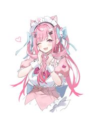 1girl absurdres ahoge animal_ears animal_print bandaid bandaid_hair_ornament belt blue_bow blush bow breasts cat_ears cat_girl cat_print cleavage_cutout clothing_cutout commentary crossed_bandaids dress extra_ears fish_hair_ornament ghost_hair_ornament hair_bow hair_intakes hair_ornament hairclip hashtag-only_commentary heart heart_hair_ornament highres holding holding_own_hair indie_virtual_youtuber kmdr_04 large_breasts long_hair looking_at_viewer maid maid_headdress one_eye_closed open_mouth paw_print pink_belt pink_bow pink_dress pink_eyes pink_hair short_sleeves simple_background smile solo two_side_up white_background white_wrist_cuffs wing_hair_ornament wrist_cuffs yuuki_sakuna yuuki_sakuna_(1st_costume)