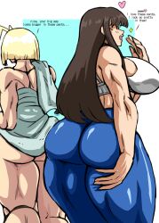 2girls ass blonde_hair breasts brown_hair cammy_white capcom charge_sol chun-li closed_eyes from_behind heart_(symbol) huge_ass huge_breasts long_hair multiple_girls short_hair smile street_fighter thighs