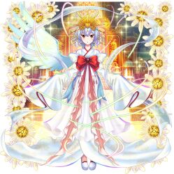 1girl alternate_costume bow feathered_wings flower full_body game_cg grey_hair hagoromo hair_ornament highres japanese_clothes kimono kishin_sagume kishin_sagume_(the_white_wheel_of_fate) light_blush long_sleeves looking_at_viewer official_art passion_flower red_bow red_eyes rotte_(1109) scarf shawl shoes short_hair single_wing sleeves_past_fingers sleeves_past_wrists solo sparkle standing third-party_source touhou touhou_lostword transparent_background white_flower white_kimono white_scarf white_shoes white_wings wide_sleeves wings