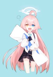 1girl antenna_hair bare_legs black_skirt blue_archive blue_background blue_eyes halo heterochromia highres honi_(honi1010) hoshino_(blue_archive) long_hair school_uniform shirt simple_background skirt solo very_long_hair whale white_shirt yellow_eyes
