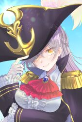 1girl black_hat blue_sky braid breasts cloak frilled_sleeves frills gizeric_fausta gloves hat highres iris_mysteria! large_breasts long_hair looking_at_viewer pirate_hat sky wanokuni_(wakokusforest) white_gloves white_hair yellow_eyes