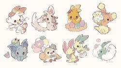 ;o balloon blush buneary bunnelby character_doll closed_mouth creatures_(company) drifloon egg game_freak gen_1_pokemon gen_2_pokemon gen_3_pokemon gen_4_pokemon gen_5_pokemon gen_6_pokemon gen_7_pokemon gen_8_pokemon green_headwear hat clothed_pokemon holding igglybuff minccino minun nidoran nidoran_(female) nintendo no_humans one_eye_closed plusle pokemon pokemon_(creature) rowlet scorbunny signature smile swablu toes togepi torchic yurano_(upao)