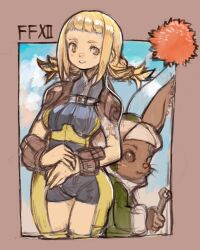 1boy 1girl :3 animal_ears black_bodysuit blonde_hair bodysuit braid breasts brown_eyes closed_mouth dakusuta final_fantasy final_fantasy_xii highres holding holding_wrench long_hair looking_at_viewer moogle penelo rabbit_ears smile thighhighs twin_braids twintails wrench