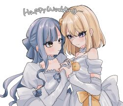 2girls bang_dream! bang_dream!_it&#039;s_mygo!!!!! blonde_hair blue_flower blue_hair blush closed_mouth commentary_request dress elbow_gloves english_text flower gloves highres holding_hands interlocked_fingers long_hair medium_hair misumi_uika multiple_girls nyako_(2446_ny) orange_flower purple_eyes simple_background smile togawa_sakiko upper_body wedding_dress white_background white_dress white_gloves wife_and_wife yellow_eyes yuri