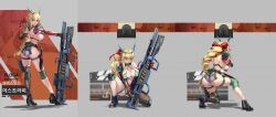 1girl :d absurdres aiming ankle_boots arm_warmers artist_name ass behind_cover bikini black_arm_warmers black_boots black_thighhighs blonde_hair boots bow braid breasts clapperboard cleavage commentary_request from_behind full_body gameplay_mechanics gloves goddess_of_victory:_nikke green_bikini green_eyes green_shorts grin gun hair_between_eyes hair_bow hair_intakes highres holding holding_gun holding_weapon holster holstered horns knee_pads knife korean_commentary large_breasts long_hair looking_at_viewer mechanical_arms meme navel nayamer nikke&#039;s_shooting_pose_(meme) on_one_knee open_mouth original pelvic_curtain railgun red_bow red_gloves shadow sheath sheathed shooting_range short_shorts shorts sideboob sidelocks single_arm_warmer single_bare_shoulder single_mechanical_arm single_thighhigh skindentation smile solo standing stomach swimsuit target target_practice teeth thigh_holster thigh_strap thighhighs torn_bikini torn_clothes torn_thighhighs upper_body very_long_hair weapon zoom_layer