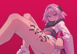 1boy absurdres astolfo_(fate) black_bow bow fate/apocrypha fate/grand_order fate_(series) hair_bow hair_intakes hej_510 highres leg_tattoo long_sleeves multicolored_hair multiple_hair_bows pink_hair red_background short_hair socks streaked_hair tattoo thighs trap white_hair white_socks