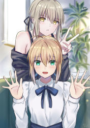 2girls absurdres ahoge artoria_pendragon_(fate) bare_shoulders black_ribbon blonde_hair blue_neckwear blue_ribbon chin_rest commentary_request fate/stay_night fate_(series) green_eyes hair_ribbon hands_up head_on_head head_rest highres multiple_girls off_shoulder plant potted_plant ribbon saber_(fate) saber_alter saber_alter_(ver._shinjuku_1999) saber_alter_(ver._shinjuku_1999)_(fate) shirt short_hair sii_artatm upper_body v white_shirt