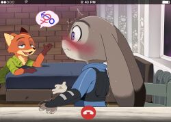 1boy 1girl animal_ears bed blush calling closed_mouth dagasi female_focus fox_boy fox_ears furry furry_female green_eyes judy_hopps long_hair looking_at_another mars_symbol nick_wilde open_mouth purple_eyes rabbit_ears rabbit_girl standing tongue trembling venus_symbol window zootopia
