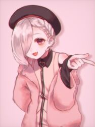 1girl beret black_hat blonde_hair braid fangs hair_over_one_eye hat highres index_finger_raised jacket looking_at_viewer mi_oxo_9m open_mouth pink_background pink_jacket red_eyes simple_background sleeves_past_wrists slit_pupils solo veuve_elizabeth visual_prison