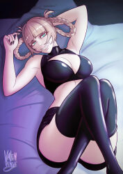 Rule 34 | 1girl, albino, ass, bare shoulders, blue eyes, blush, boots, breasts, cleavage cutout, clothing cutout, female focus, high heel boots, high heels, highres, huge ass, large breasts, looking at viewer, lying, midriff, nanakusa nazuna (yofukashi no uta), navel, pale skin, skirt, smile, solo, teasing, thick thighs, thighs, vampire, white hair, yofukashi no uta