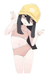 1girl bare_arms bare_shoulders bent_v black_eyes black_hair bra commentary commentary_request contrapposto copyright_request double_v facing_viewer flat_chest hair_between_eyes hat highres jitome leaning_to_the_side legs_apart loli long_bangs long_hair looking_to_the_side navel nicora orange_bra orange_panties original panties parted_lips simple_background solo standing straight_hair training_bra underwear v white_background yellow_hat