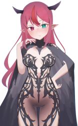1girl black_cloak blush breasts chronopattern_dress cloak green_eyes heterochromia highres hololive hololive_english holopromise horns irys_(hololive) long_hair looking_at_viewer medium_breasts meme_attire multiple_horns pointy_ears red_eyes red_hair shironekoshi solo standing virtual_youtuber