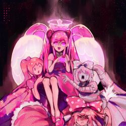 +_+ 4girls :d angel angel_wings black_background bow bright_pupils closed_mouth collared_shirt commentary corrupted_twitter_file dress duster english_commentary feathered_wings frown full_body glowing glowing_eyes hair_bow halftone halo heart heart_hands heart_in_heart_hands highres holding holding_duster humanoid_robot knees_up luochan mary_janes medium_dress monster_girl multiple_girls multiple_wings mutantheart_(omori) omori open_mouth perfectheart_(omori) petticoat pinafore_dress pink_bow pink_dress pink_eyes pink_hair pink_halo pink_shoes pink_theme pink_wings polka_dot polka_dot_bow roboheart_(omori) robot shirt shoes short_sleeves simple_background sitting sleeveless sleeveless_dress slime_girl smile sweetheart_(omori) teeth tongue triangle_mouth twintails upper_teeth_only white_pupils white_shirt white_wings wings |_|