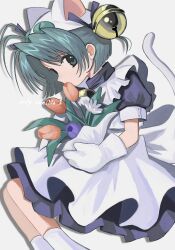 1girl animal_ear_headwear animal_ears apron bell bouquet cat_ears cat_girl cat_tail commentary dejiko di_gi_charat dress drop_shadow english_commentary english_text fake_animal_ears feet_out_of_frame flower from_side gloves green_eyes green_hair hair_bell hair_ornament highres holding holding_bouquet holding_flower jingle_bell looking_at_viewer pepeppepe101 puffy_short_sleeves puffy_sleeves purple_dress purple_flower purple_tulip red_flower red_tulip short_hair short_sleeves sideways_glance simple_background socks solo tail tulip white_apron white_background white_flower white_gloves white_headwear white_socks