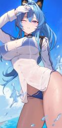 1girl absurdres bikini blue_bikini blue_eyes blue_hair blue_sky blush breasts commentary cowboy_shot day gloves goddess_of_victory:_nikke hair_between_eyes hair_intakes hand_up headgear helm_(aqua_marine)_(nikke) helm_(nikke) highres large_breasts long_hair long_sleeves namake_(nmk44300) no_pants official_alternate_costume one_eye_closed outdoors parted_lips ponytail see-through_clothes see-through_shirt shirt sky solo swimsuit wet white_gloves white_shirt