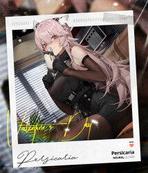 1girl animal_ears bare_shoulders black_skirt blush box character_name copyright_name couch covering_own_mouth cowboy_shot dutch_angle elbow_gloves fake_photograph gift gift_box girls&#039;_frontline girls&#039;_frontline_neural_cloud gloves hair_between_eyes highres holding holding_gift indoors long_hair looking_at_viewer official_art on_couch pantyhose persicaria_(neural_cloud) pink_eyes pink_hair polaroid_photo ribbed_shirt shirt sitting skirt sleeveless sleeveless_shirt solo valentine vinegar_kira window_blinds
