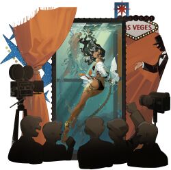 Rule 34 | 1girl, air bubble, anklet, ass, bikini, black bikini, black hair, breasts, bubble, centurion (reverse:1999), chain, chained, crowd, curtains, dark-skinned female, dark skin, floating hair, highres, jacket, jewelry, long hair, looking at viewer, movie camera, multicolored hair, off shoulder, official art, reverse:1999, solo focus, streaked hair, submerged, swimsuit, thighlet, third-party source, underwater, water tank, welcome to fabulous las vegas sign, white hair, white jacket