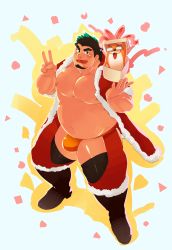 1boy abs artist_self-insert bara bare_pectorals belly bikini_briefs black_hair blush bulge christmas clothing_cutout crotchless crotchless_pants english_text facial_hair fat fat_man full_body fur-trimmed_jacket fur-trimmed_legwear fur_trim goatee gradient_hair green_hair hat higemorigen highres jacket large_pectorals looking_at_viewer male_focus male_underwear merry_christmas multicolored_hair muscular muscular_male navel nipples orange_male_underwear original pants pectorals santa_costume santa_hat short_hair solo textless_version thick_thighs thigh_cutout thighs underwear v