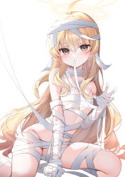 1girl absurdres ahoge bandages bare_shoulders blonde_hair blue_archive blush breasts fang grey_eyes halo highres long_hair looking_at_viewer mummy_costume naked_bandage small_breasts solo thighs yoshimi_(blue_archive) yoshimi_(halloween)_(blue_archive) yukineko1018