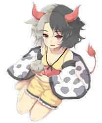 1girl animal_print bad_feet bare_shoulders barefoot black_hair breasts cleavage commentary_request cow_girl cow_horns cow_print cow_tail crop_top ellipsis_(mitei) grey_hair haori highres horns japanese_clothes multicolored_hair red_horns red_tail shorts small_breasts split-color_hair statue tail tank_top toes touhou two-tone_hair ushizaki_urumi yellow_shorts yellow_tank_top