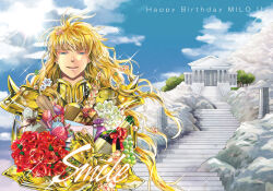 1boy armor blue_eyes blue_hair blue_sky bottle bouquet character_name cloud cloudy_sky english_text envelope flower food fruit gift gift_bag glint gold_armor gold_cloth gold_saint grapes hair_flower hair_ornament half-closed_eyes happy_birthday kaico letter long_hair looking_at_viewer male_focus open_mouth pillar red_flower red_rose rose sack saint_seiya scorpio_milo scroll shoulder_spikes sky smile solo sparkle spiked_pauldrons spikes stairs stuffed_animal stuffed_toy sun teeth temple upper_teeth_only wine_bottle