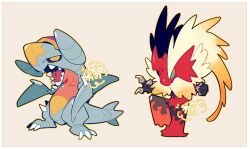 15355451wer animal_focus blaziken blue_eyes border brown_background chibi chibi_only claws colored_sclera fins full_body garchomp gen_3_pokemon gen_4_pokemon highres looking_at_viewer monster nintendo no_humans open_mouth orange_sclera outline pokemon pokemon_(creature) sharp_teeth simple_background tail teeth white_border yellow_outline
