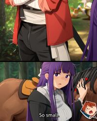 1boy 1girl 2girls animal blurry breasts bulge coat crossed_arms crying disappointed disgust eevee english_text fern_(sousou_no_frieren) frieren gen_1_pokemon horse humiliation humillation khyle. large_breasts long_hair multiple_girls nintendo pants pokemon purple_eyes purple_hair red_hair small_penis small_penis_humiliation sousou_no_frieren speech_bubble squatting stark_(sousou_no_frieren) tree veins x-ray_vision
