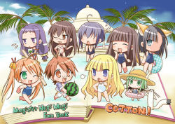 1boy 6+girls albert_chamomille ayase_yue bad_id bikini book chachazero chibi ermine evangeline_a.k._mcdowell food fruit hair_over_eyes kagurazaka_asuna konoe_konoka mahou_sensei_negima! miyazaki_nodoka mizutama multiple_girls negi_springfield one-piece_swimsuit sakurazaki_setsuna saotome_haruna school_swimsuit swimsuit watermelon weasel