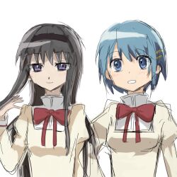2girls akemi_homura black_hair black_hairband blue_eyes blue_hair bow bowtie hairband hashtag-only_commentary highres long_hair looking_at_viewer mahou_shoujo_madoka_magica mahou_shoujo_madoka_magica_(anime) miki_sayaka mio1778997 mitakihara_school_uniform multiple_girls puffy_sleeves purple_eyes red_bow red_bowtie school_uniform short_hair simple_background sketch smile white_background
