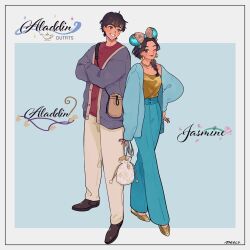 1boy 1girl aladdin_(disney) aladdin_(movie) black_hair breasts brown_eyes contemporary couple dark-skinned_female dark_skin disney earrings fashion jasmine_(disney) jewelry long_hair looking_at_viewer meecosme minnie_mouse shirt smile solo very_long_hair