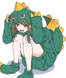 1girl :o animal_costume bare_legs blush dragon_costume dragon_tail dragon_wings fangs full_body green_hair highres hydac idolmaster idolmaster_shiny_colors knees_up long_sleeves medium_hair nanakusa_nichika official_alternate_costume paw_shoes simple_background sitting solo tail v-shaped_eyebrows white_background wings