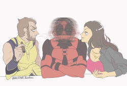 1girl 2boys a-very-merry-unbirthday-to-you animification annoyed beard bisexual_male bodysuit breasts brown_hair cigar commentary_request confused couple crossed_arms deadpool deadpool_&amp;_wolverine deadpool_(series) elbows_on_table facial_hair frown gloves highres holding holding_cigar jewelry long_hair looking_around looking_at_another marvel marvel_cinematic_universe mask multiple_boys muscular muscular_male necklace parody red_mask sandwiched shirt short_hair simple_background smile smoking superhero_costume the_weaker_sex_1_(gibson) turning_head two-tone_bodysuit upper_body vanessa_carlysle veins veiny_arms wolverine_(x-men) x-men