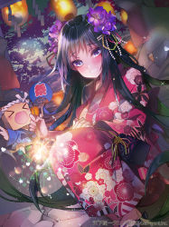 Rule 34 | &gt; &lt;, 1girl, :d, animal ears, bird, black hair, chibi, closed eyes, female focus, flower, fox ears, hair flower, hair ornament, hand fan, inari, japanese clothes, kanola u, kimono, kinchaku, long hair, looking at viewer, obi, open mouth, paper fan, pouch, purple eyes, sash, shrine, smile, solo, statue, summer festival, tenka touitsu chronicle, uchiwa, very long hair, watermark, xd, yukata