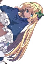 1girl blonde_hair blue_dress blue_eyes clothes_lift commission corrupted_twitter_file cropped dress dress_lift food-themed_hair_ornament grape_hair_ornament hair_ornament highres inagata iris_(konosuba) kono_subarashii_sekai_ni_shukufuku_wo! loli long_hair navel out-of-frame_censoring parted_lips simple_background solo standing very_long_hair white_background