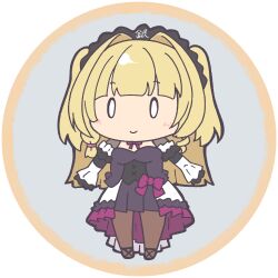 0_0 1girl ankle_lace-up assault_lily black_hairband black_shoes blonde_hair blunt_bangs blush border bow brown_pantyhose chibi closed_mouth commentary_request corset dress dress_bow drill_hair frilled_dress frilled_sleeves frills full_body ginran&#039;gyoku grey_background hair_intakes hairband high-low_dress lolita_fashion long_hair long_sleeves looking_at_viewer low-tied_sidelocks lowres masaki_itsuki neck_ribbon orange_border pantyhose pink_bow pink_ribbon purple_dress ribbon round_image shoes sidelocks simple_background sleeves_past_fingers sleeves_past_wrists smile solo standing transparent_background two-tone_dress two_side_up underbust white_dress
