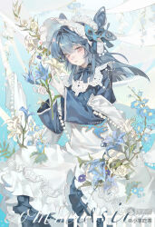 1girl apron blue_hair bonnet bow dress flower frills gloves highres holding holding_flower long_hair long_sleeves looking_at_viewer original parted_lips solo white_flower white_gloves wide_sleeves xiaoyangchicha