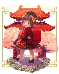 1girl animal_charm architecture artist_name backpack bag black_shoes black_skirt brown_hair cherry_blossoms child chinese_clothes chrysanthemum_print commentary east_asian_architecture falling_petals floral_print flower frilled_skirt frills full_body hat highres jiangshi kuroda_(kuro_yyy) layered_skirt long_sleeves looking_to_the_side ofuda original petals pink_petals print_shirt qingdai_guanmao randoseru red_bag red_eyes red_shirt rei_(kuroda_(kuro_yyy)) rooftop shirt shoes short_hair skirt sleeves_past_wrists solo standing tassel teeth tree turning_head twitter_username upper_teeth_only walking white_flower