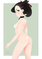 1girl :o absurdres artist_name ass asymmetrical_bangs back bikini black_choker black_hair border breasts choker cloudxmoe cowboy_shot earrings from_side green_eyes hair_ribbon highres jewelry looking_at_viewer marnie_(pokemon) micro_bikini nintendo parted_lips pokemon pokemon_swsh red_ribbon ribbon sideboob small_breasts solo strap_gap stud_earrings swimsuit thighs twintails undercut white_border