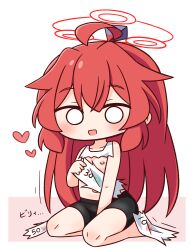1girl :d ahoge bare_arms bare_shoulders bike_shorts blue_archive blush commentary_request full_body halo hana_kazari heart highres long_hair looking_at_viewer maki_(blue_archive) navel nipples open_mouth red_hair red_halo shirt simple_background sitting sleeveless sleeveless_shirt smile solo torn_clothes torn_shirt twitter_cutting_game white_background white_shirt